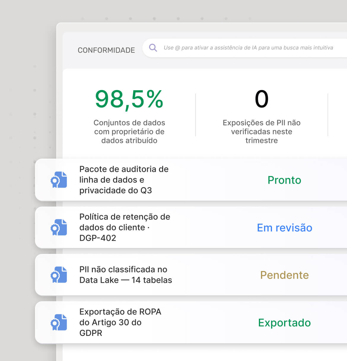 Pronto para auditoria em minutos, não em semanas