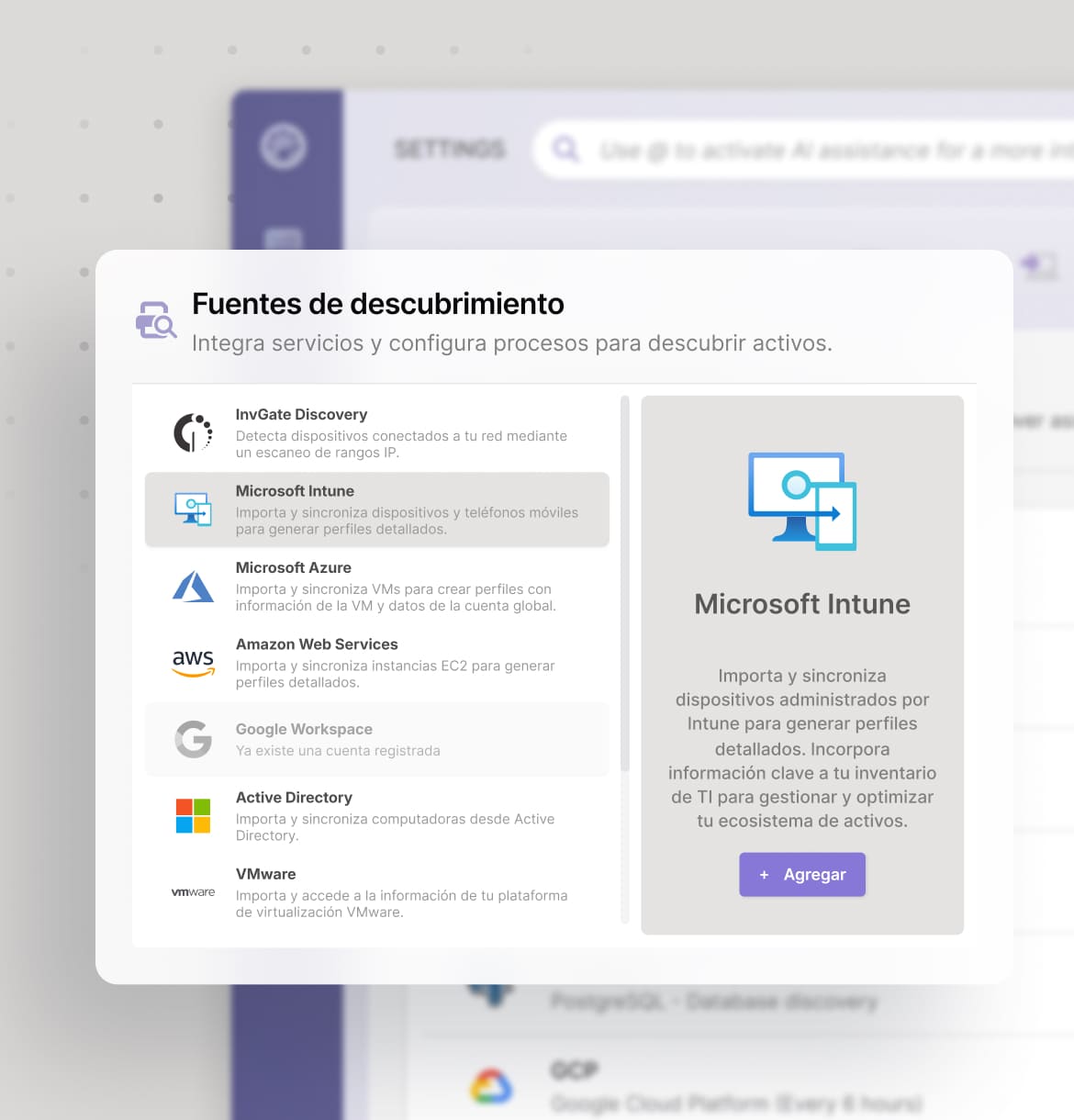 Descubrimiento automático de hardware, software, infraestructura en la nube y bases de datos.