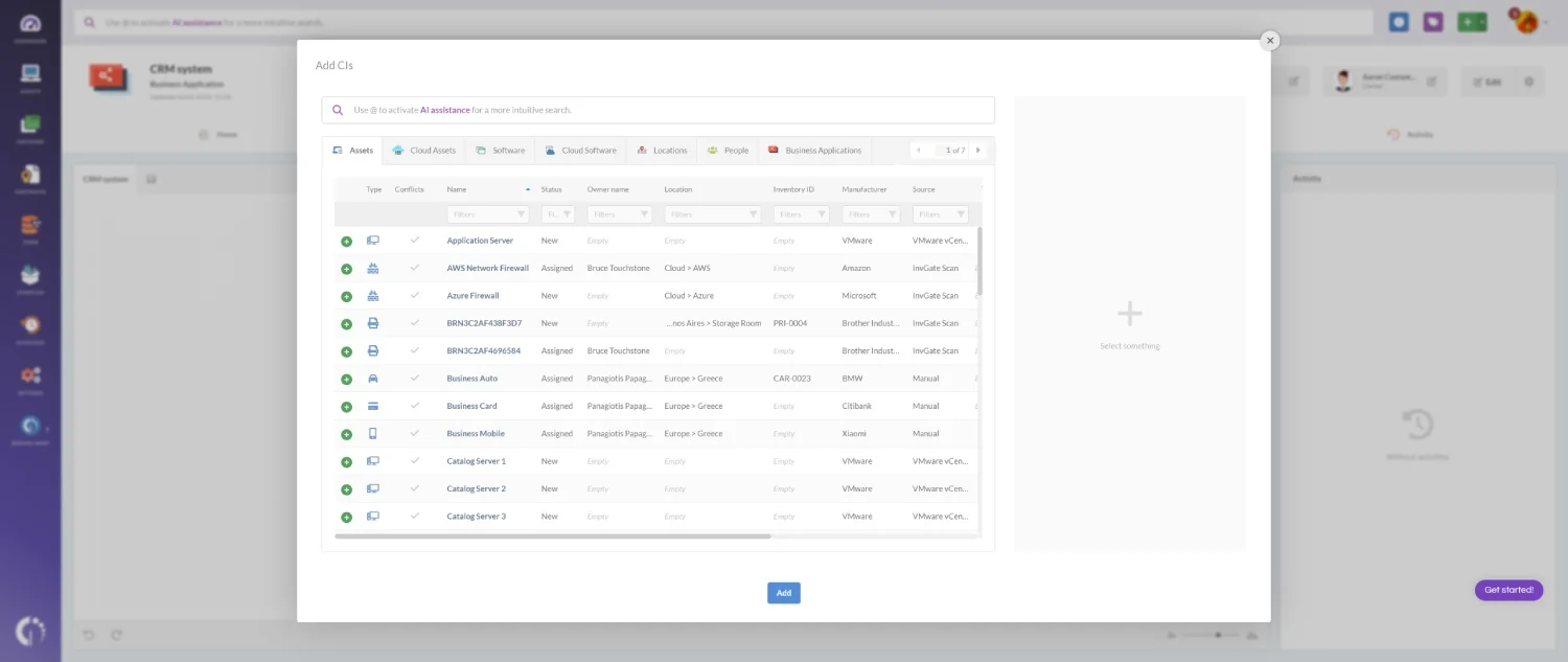 Screenshot of the interface where configuration items are added in InvGate Asset Management.