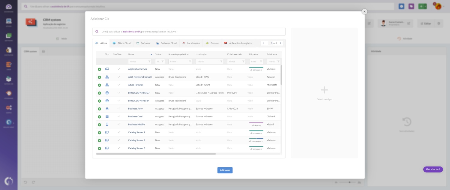 Captura de tela da interface onde os itens de configuração são adicionados no InvGate Asset Management.