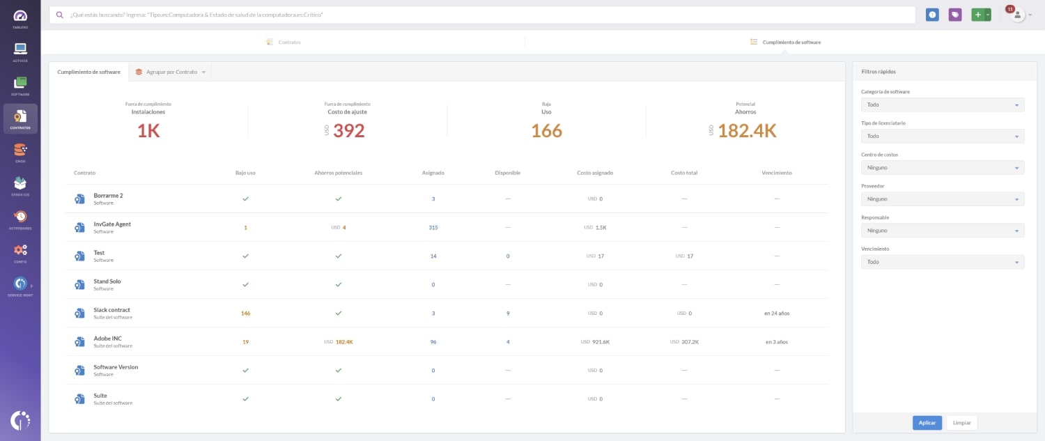 Captura de pantalla del módulo de Cumplimiento de Software de InvGate Asset Management.