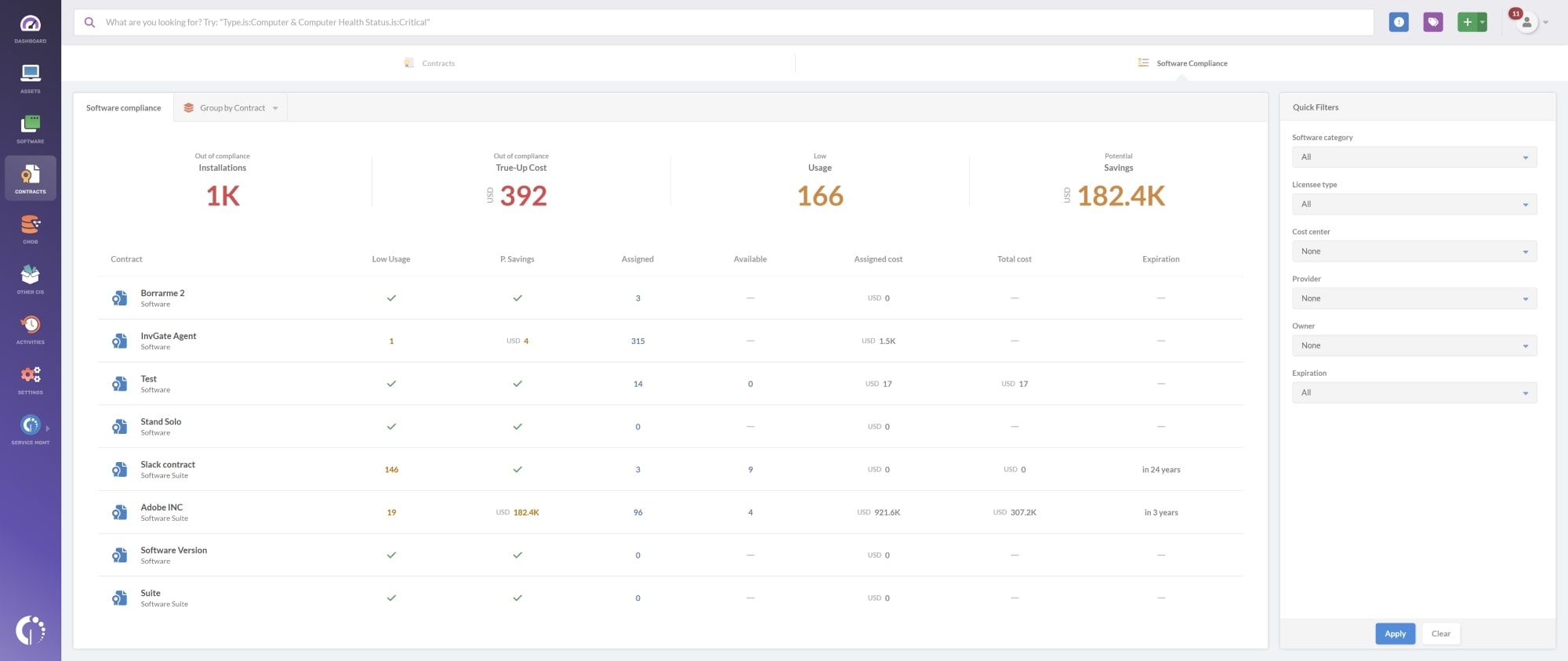 Screenshot of InvGate Asset Management Software Compliance module.