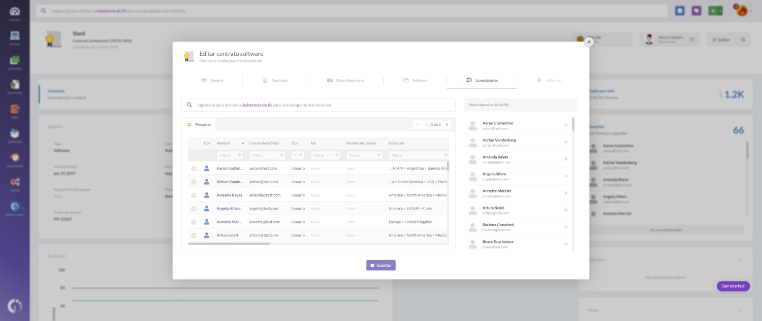 Captura de pantalla del perfil de un contrato de software en InvGate Asset Management.