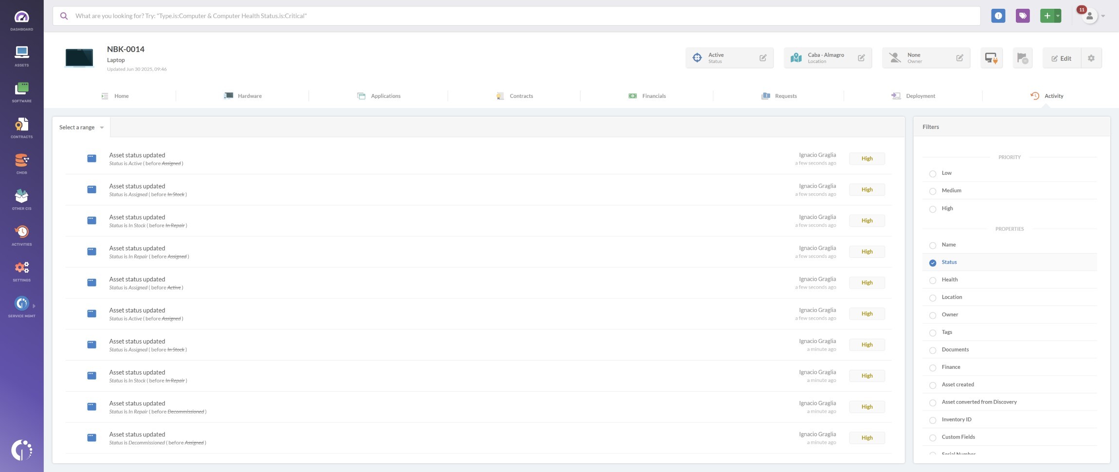 Screenshot of an IT asset profile in InvGate Asset Management showing a filtered activity log with multiple status updates and high priority changes.