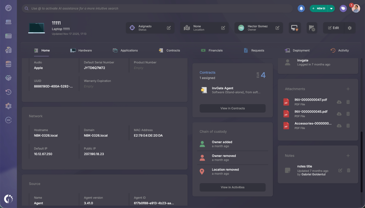 Captura de tela de um perfil de ativo de TI no InvGate Asset Management mostrando um registro de atividade filtrado com várias atualizações de status e alterações de alta prioridade.