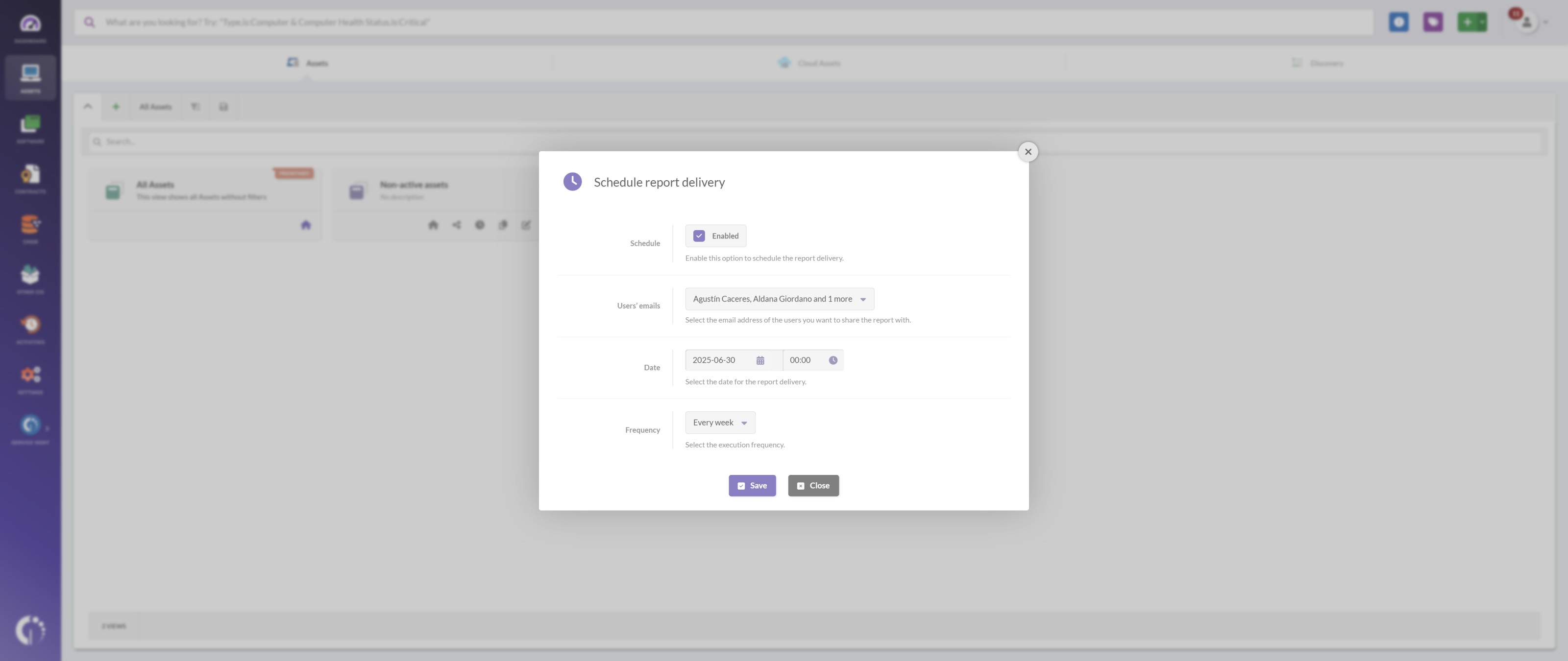 Screenshot of the report scheduling window in InvGate Asset Management showing email selection, date, and frequency setup for an IT cost optimization report.