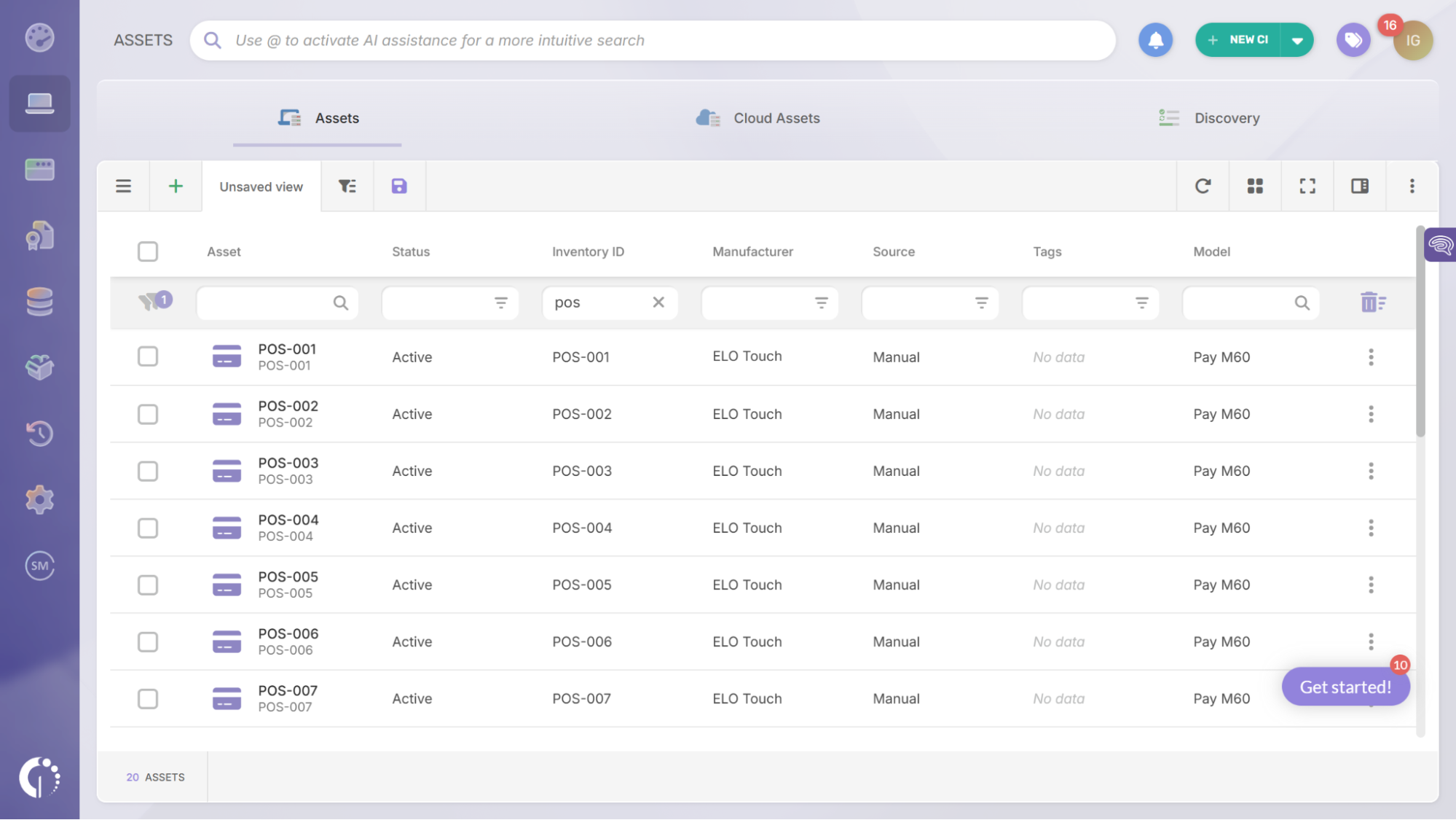 List of POS assets in InvGate Asset Management filtered by inventory ID to identify CDE-related assets.