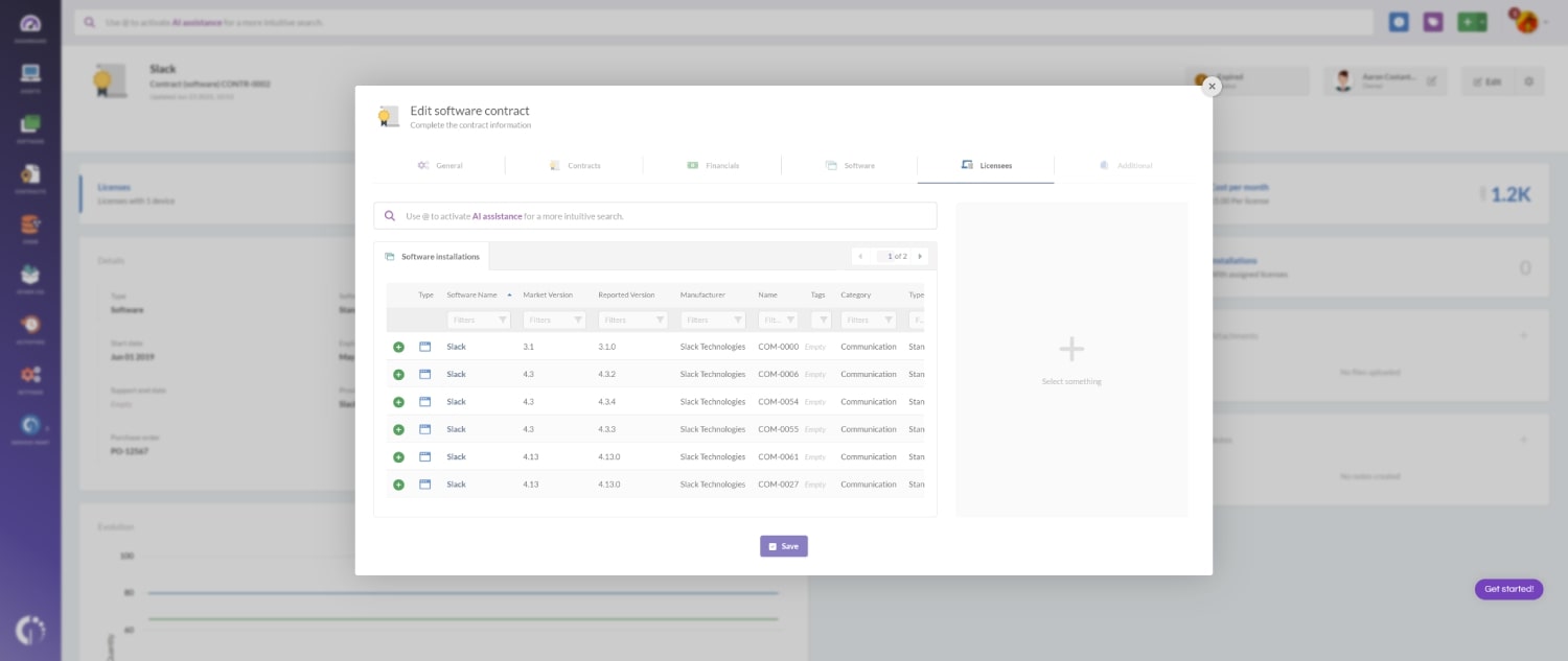 Screenshot of a software contract profile in InvGate Asset Management.