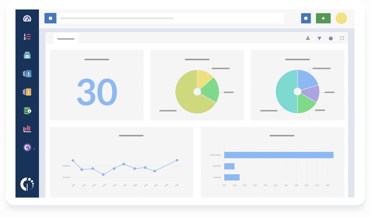 InvGate Service Desk’s dashboards featuring visual data elements such as total requests, pie charts showing request distribution, a line graph, and a bar chart.