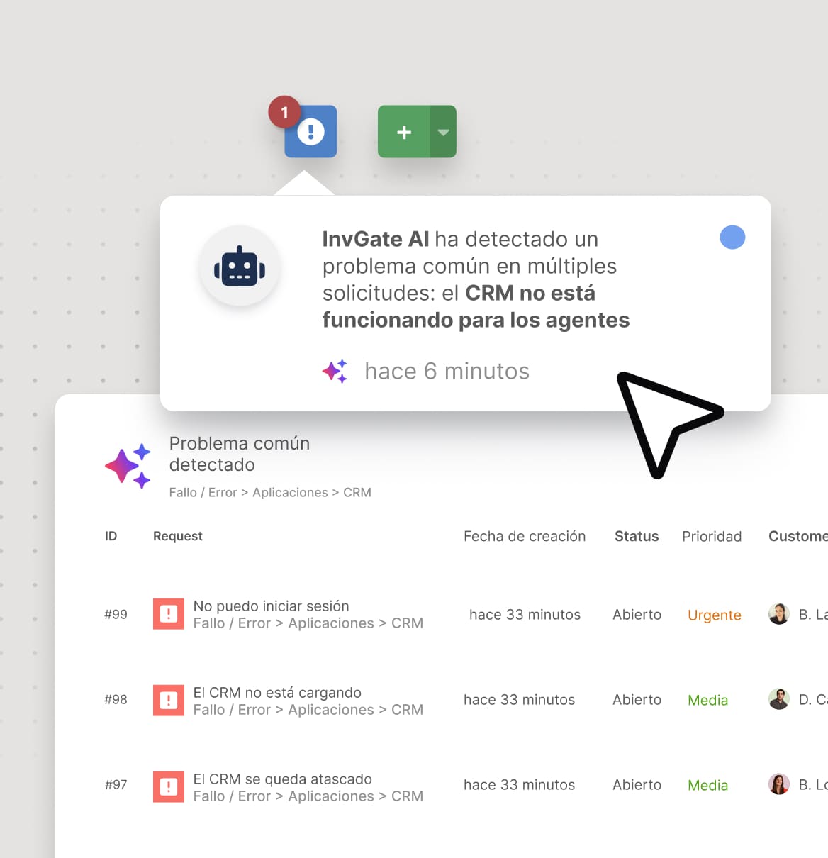 Alerta de InvGate AI que identifica un problema común del CRM en varias solicitudes relacionadas.