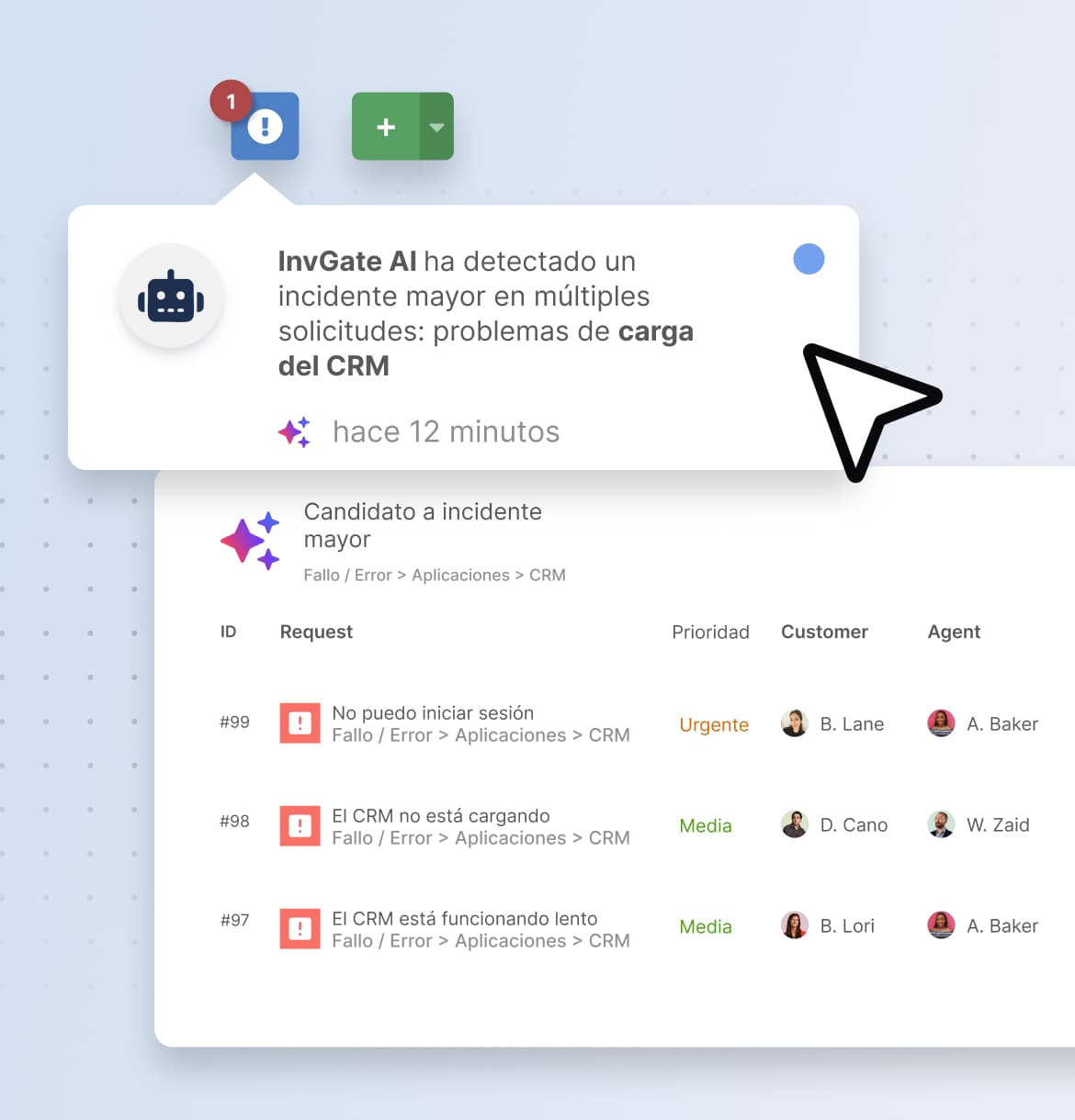 Notificación de InvGate AI que detecta un incidente grave en varios tickets de problemas con el CRM.