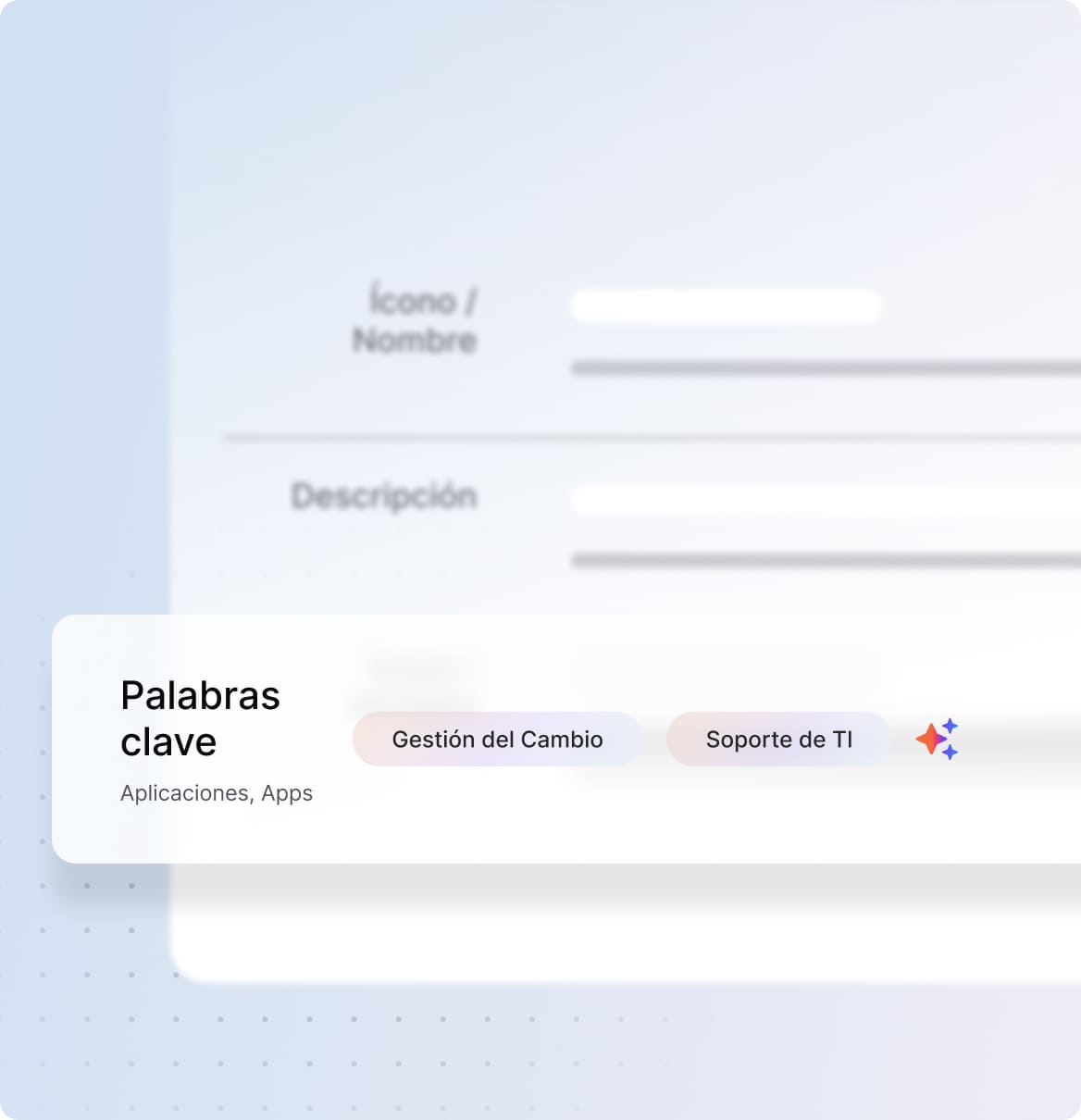 Campo de palabras clave de categoría con etiquetas generadas por IA como Change Management e IT Support.