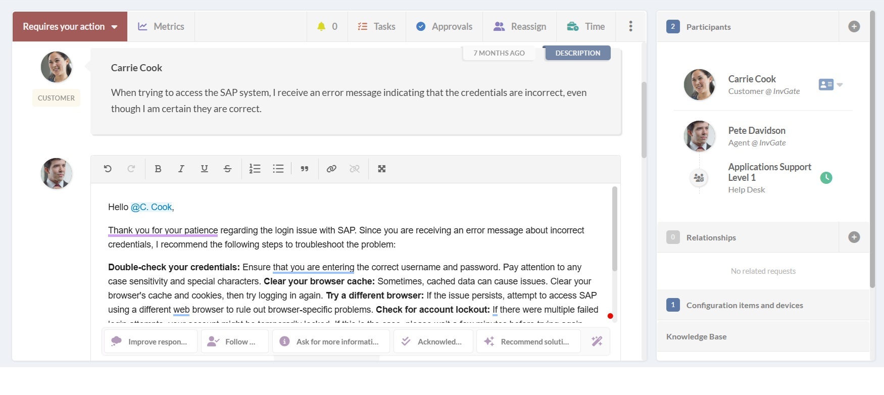 Recomendação de solução com IA para um ticket no InvGate Service Management.