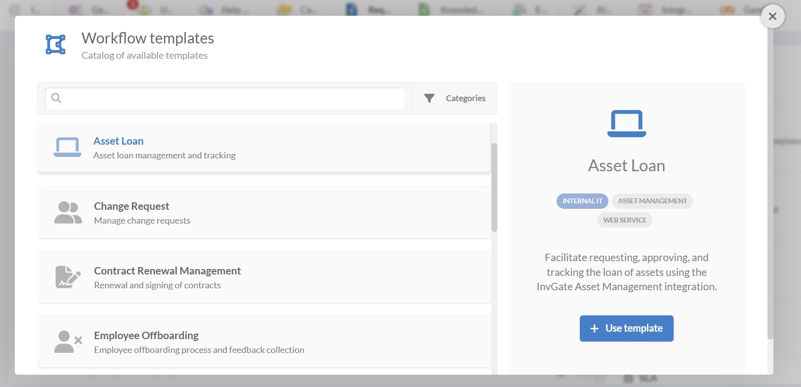 Screenshot of the workflow templates menu in InvGate Service Management with asset loan selected.