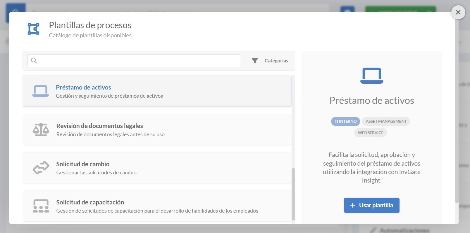 Captura de pantalla del menú de plantillas de procesos en InvGate Service Management con la opción de préstamo de activos seleccionada.