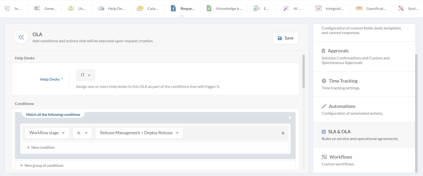 Configuração do OLA, definindo condições no InvGate Service Management.
