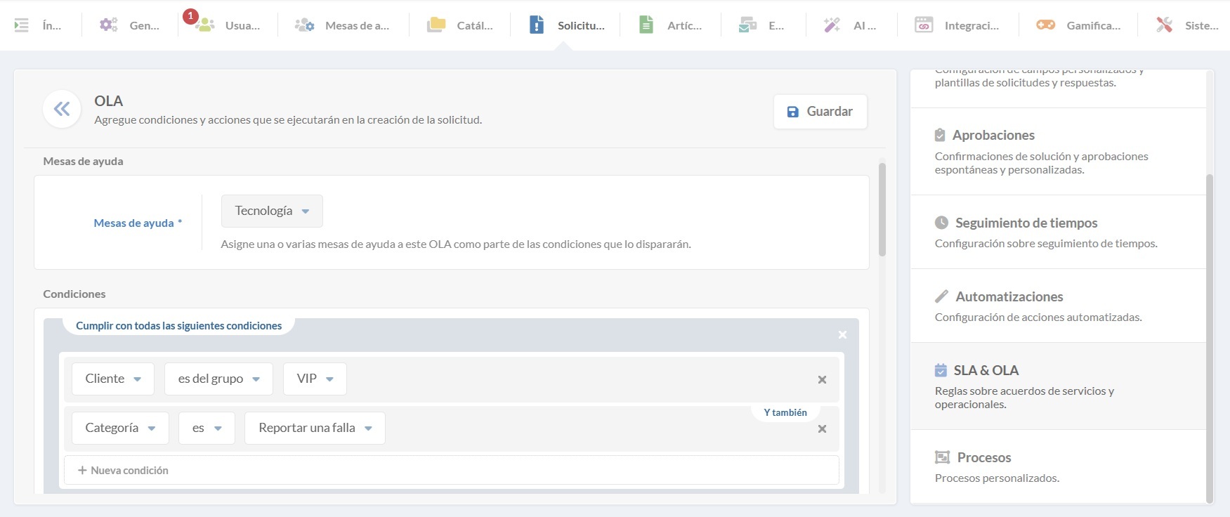Screenshot de la configuración de OLAs, definir condiciones en InvGate Service Management.