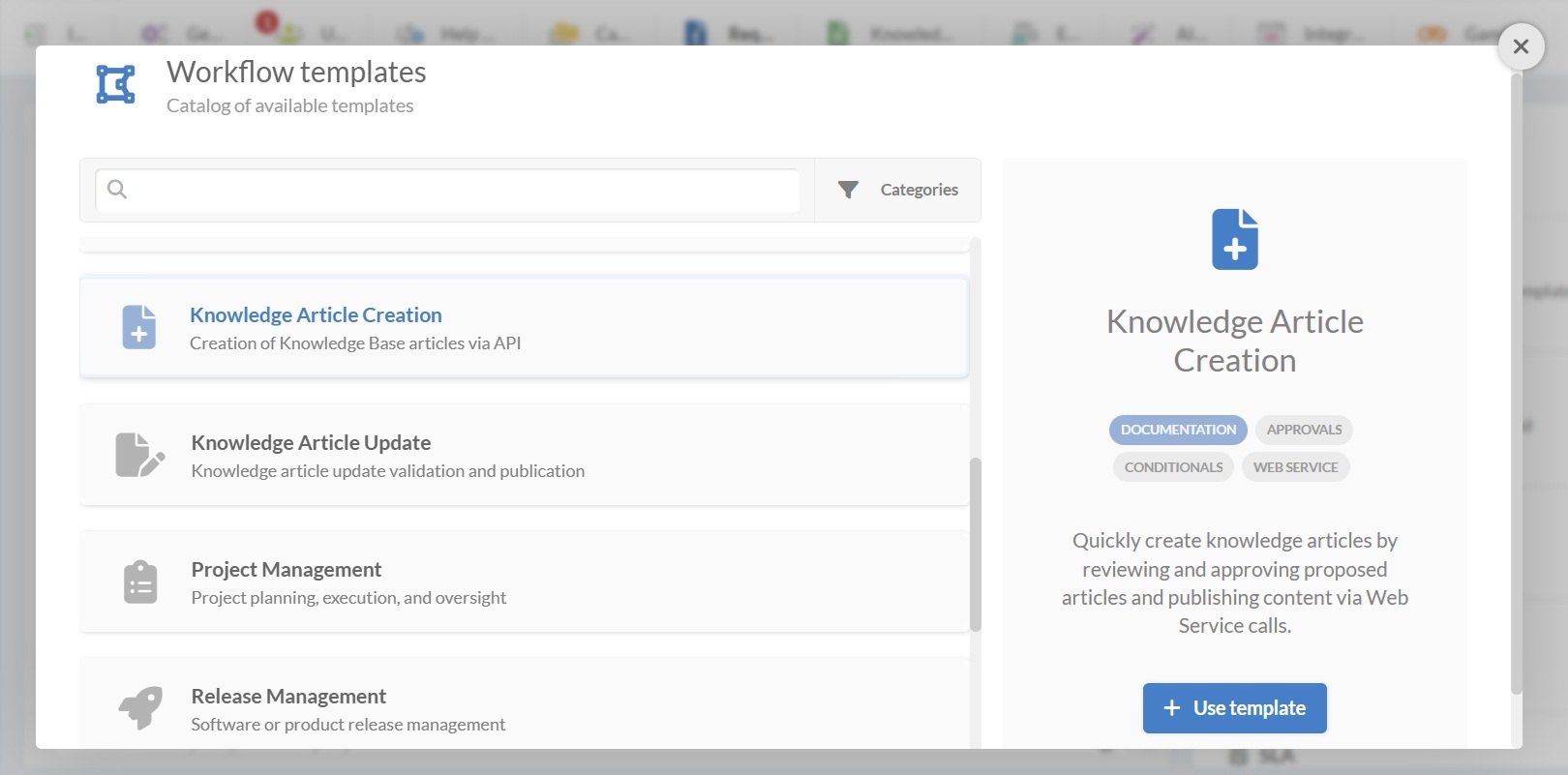 Screenshot of the workflow templates menu in InvGate Service Management with knowledge creation workflow selected.