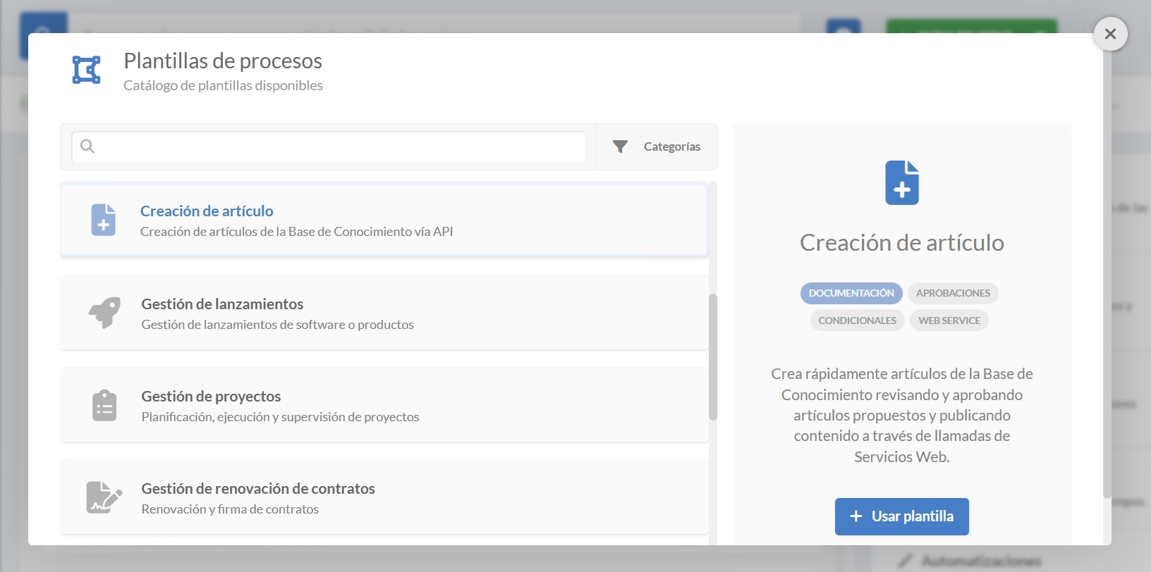 Captura de pantalla del menú de plantillas de procesos en InvGate Service Management con la plantilla de creación de artículos seleccionada.