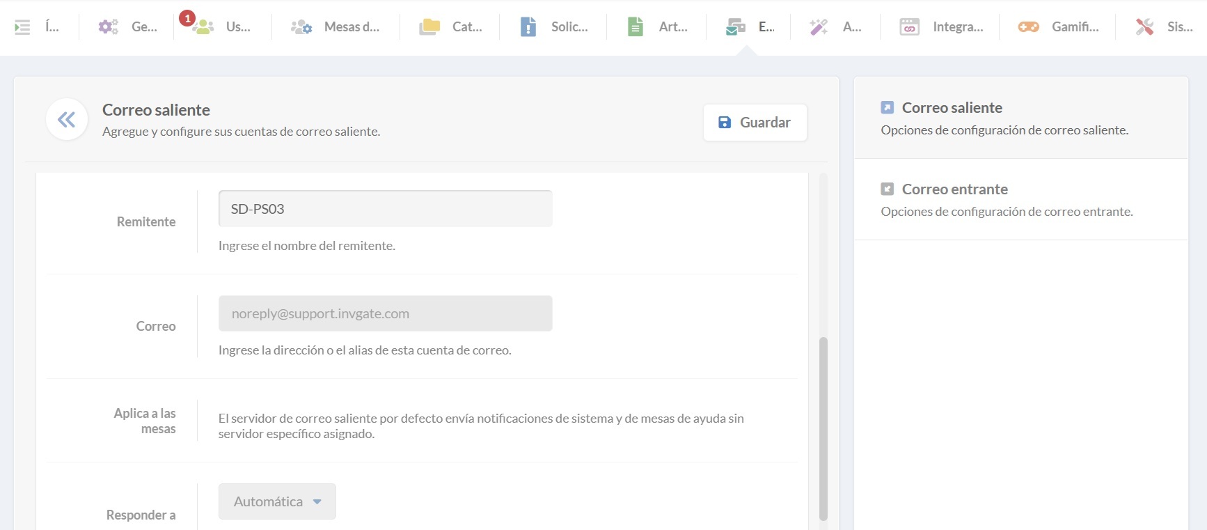 Captura de pantalla de la configuración de correo saliente en InvGate Service Management.