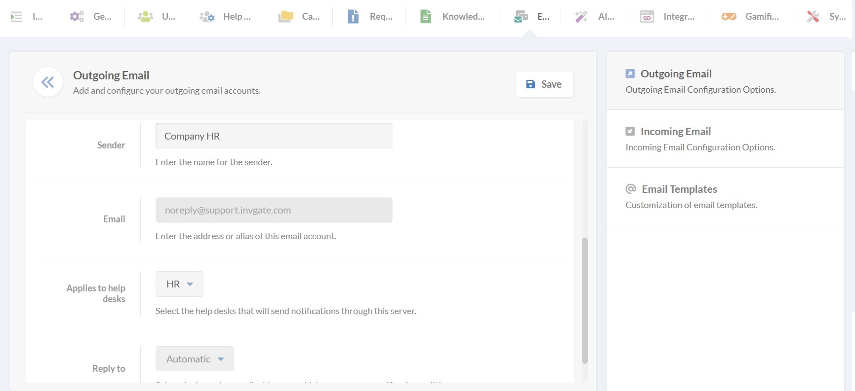 Screenshot of the outgoing email configuration within InvGate Service Management.