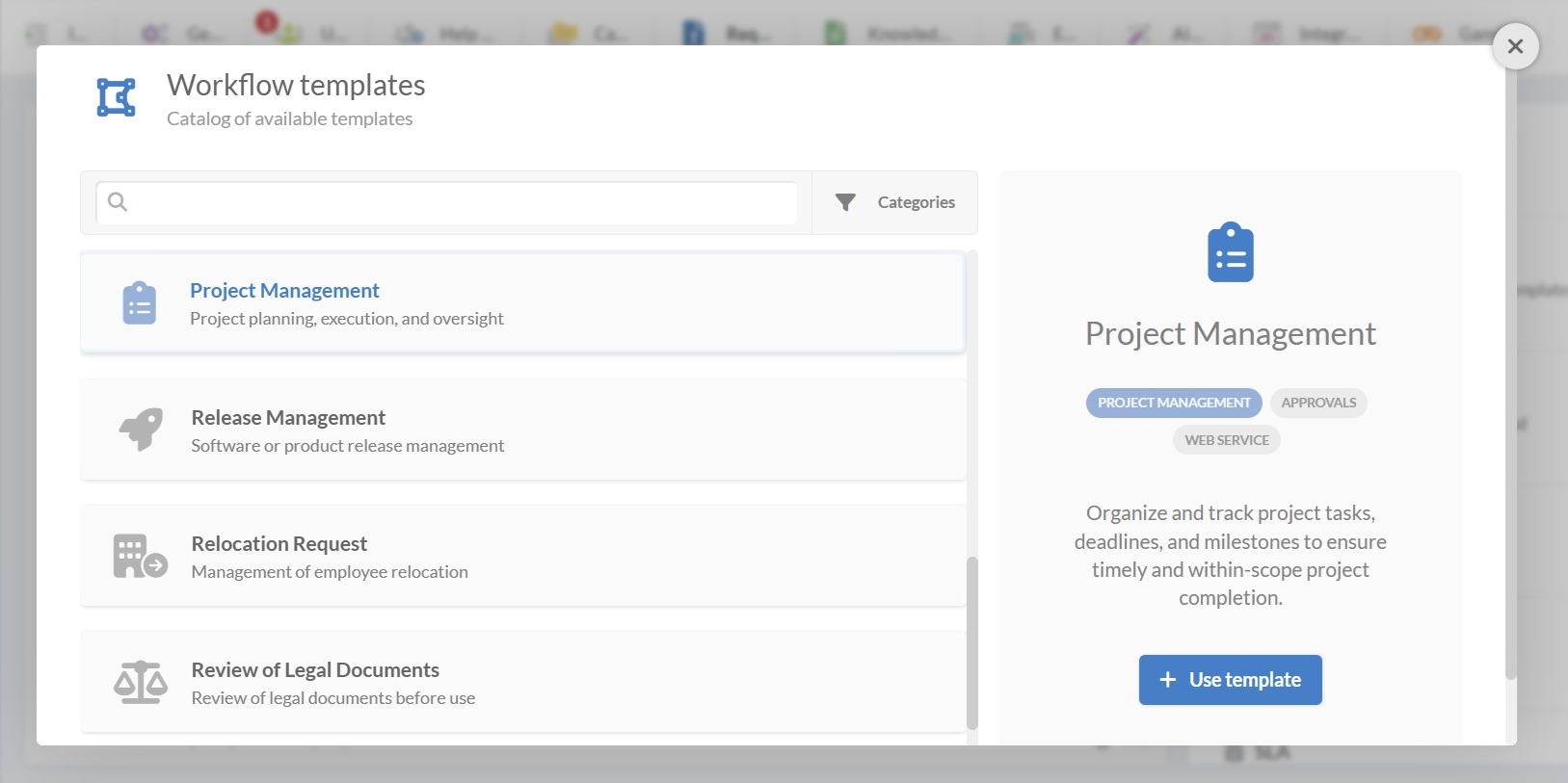 Screenshot of the workflow templates menu in InvGate Service Management with Project Management selected.