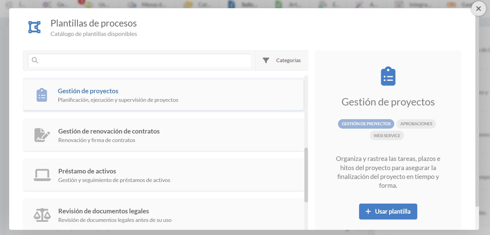 Captura de pantalla del menú de plantillas de procesos en InvGate Service Management con Gestión de Proyectos seleccionada
