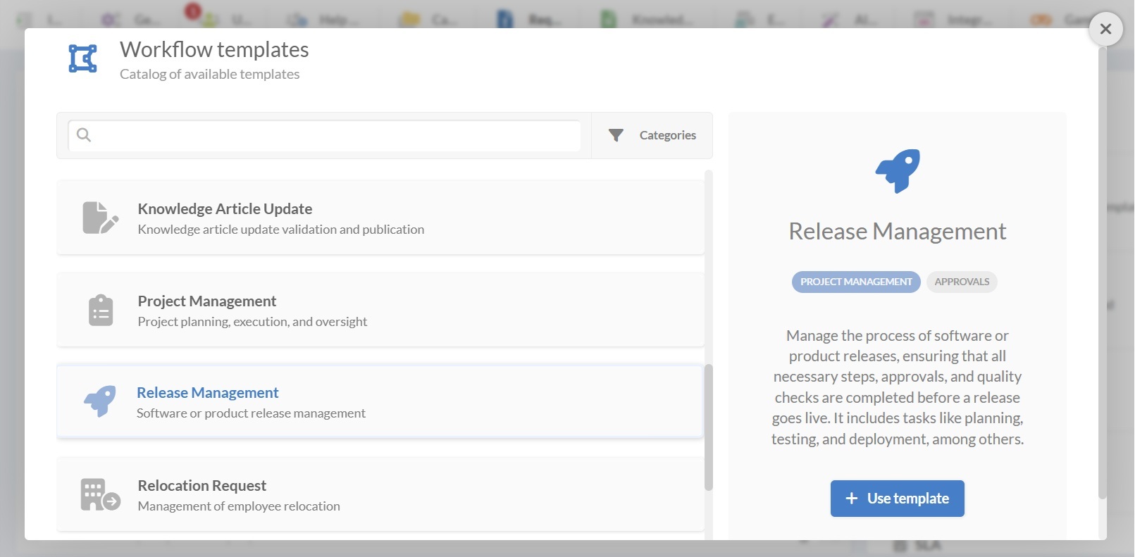  Screenshot of the workflow templates menu in InvGate Service Management with Release Management selected.