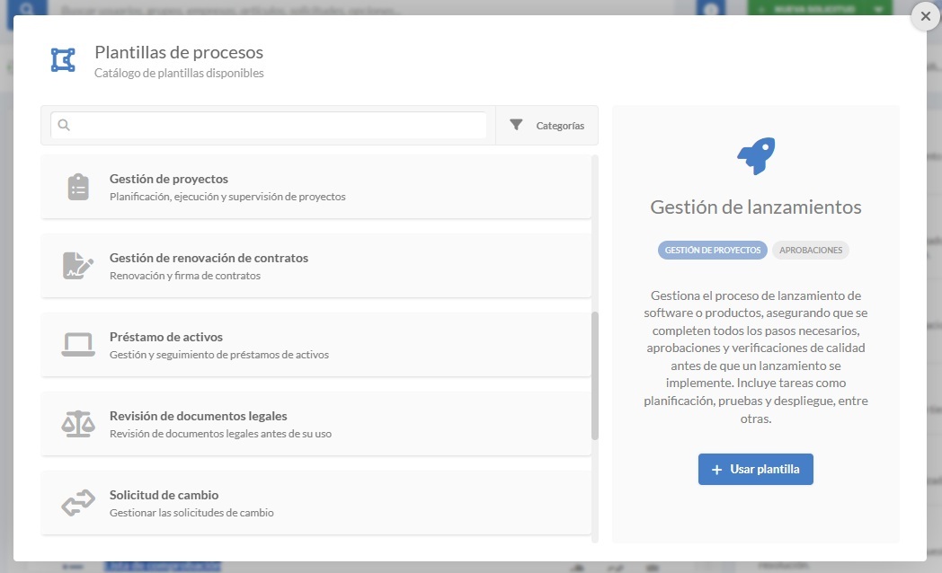Captura de pantalla del menú de plantillas de procesos en InvGate Service Management con la opción de Release Management seleccionada.