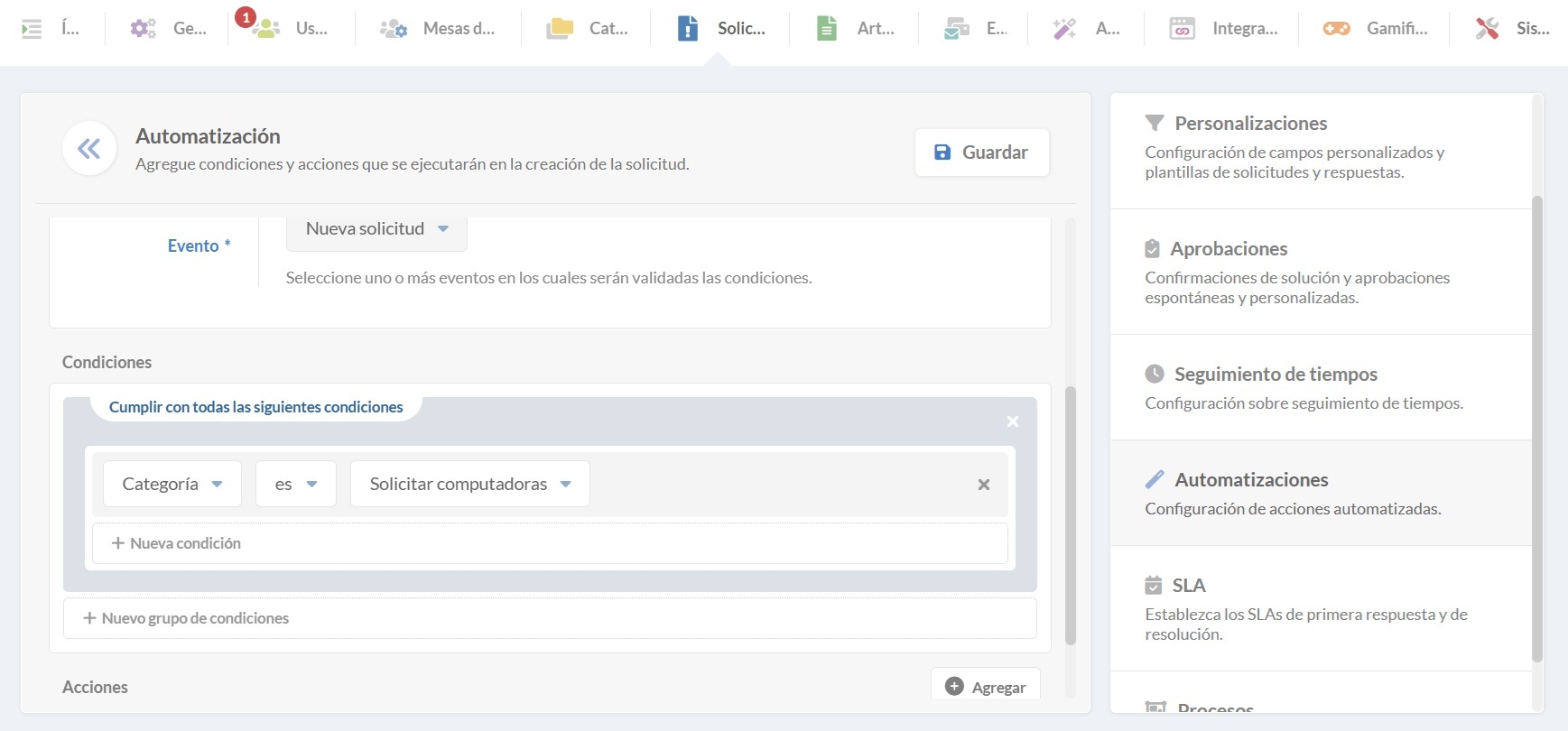 Captura de pantalla de la automatización para tipos de solicitudes en InvGate Service Management, mostrando condiciones y acciones.