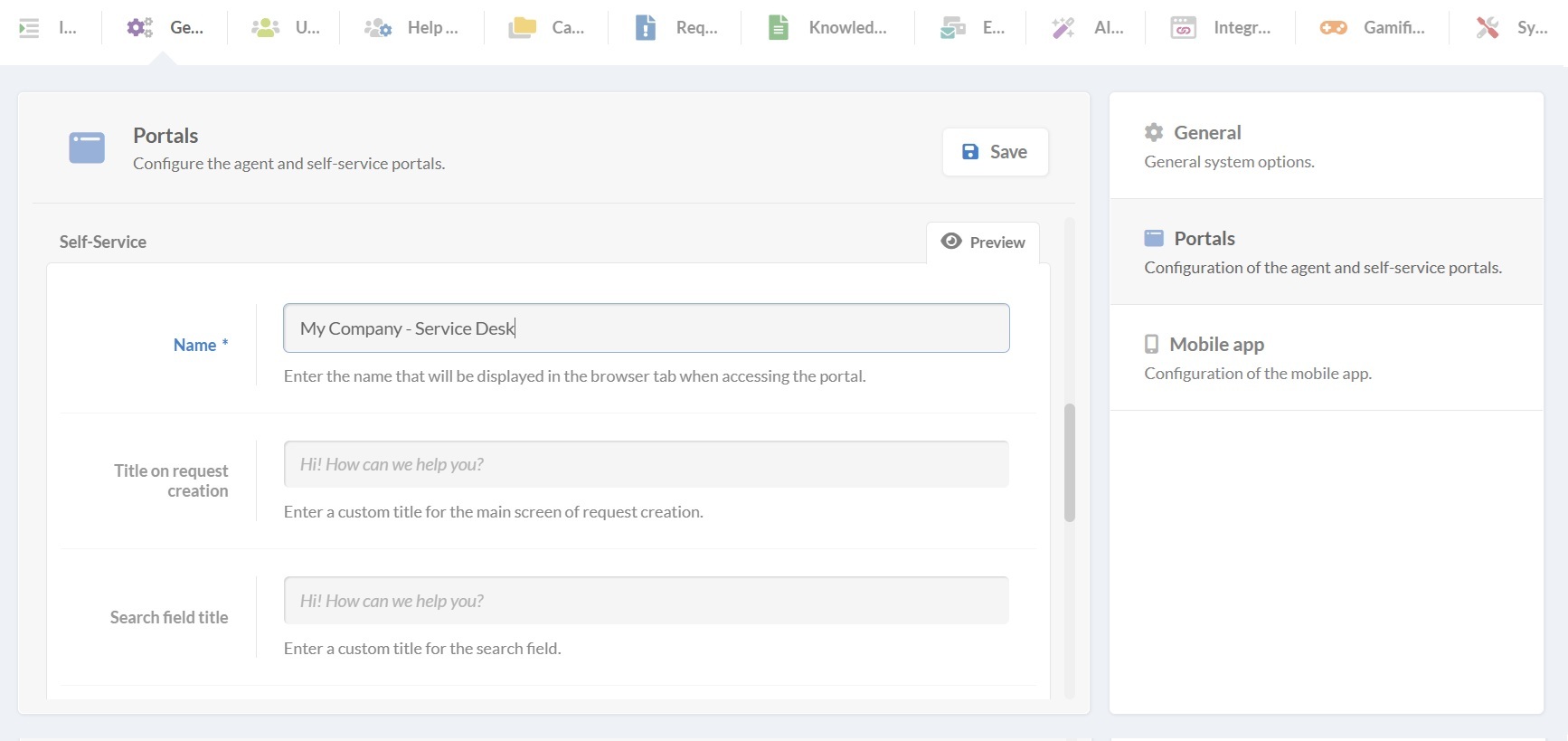 Screenshot of the self-service portal configuration in InvGate Service Management.