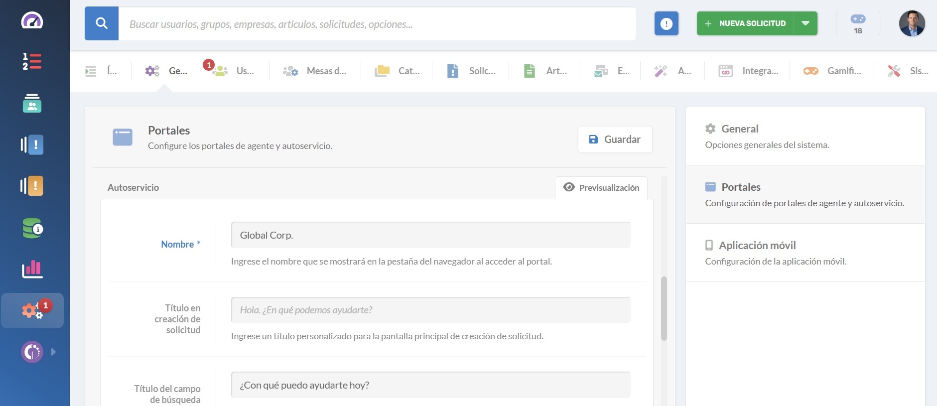 Captura de pantalla de la configuración del portal de autoservicio en InvGate Service Management.