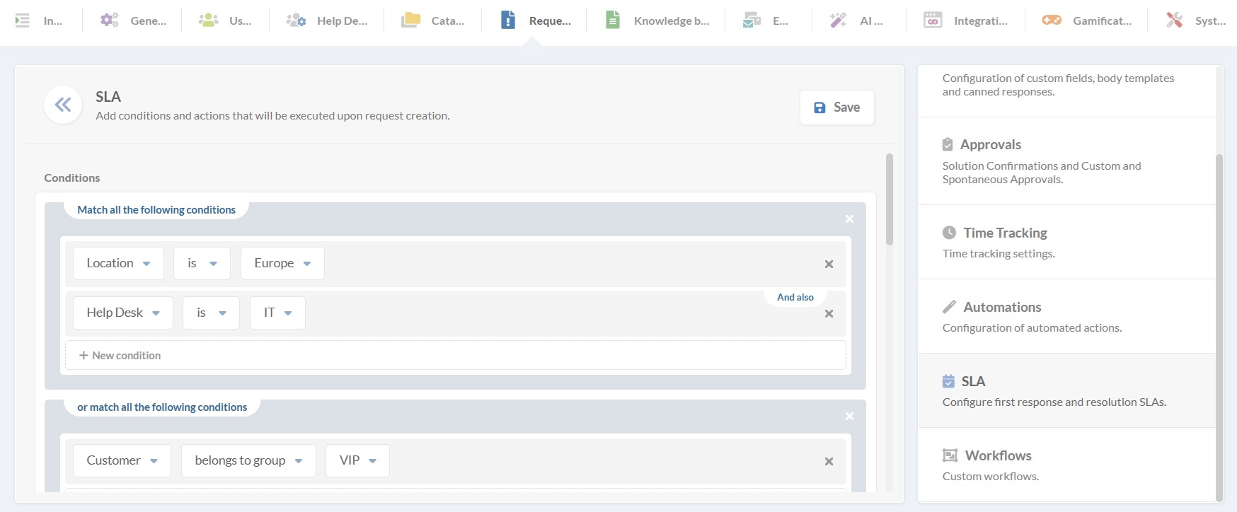 Screenshot SLA configuration, using conditions to apply only to some help desks, within InvGate Service Management.