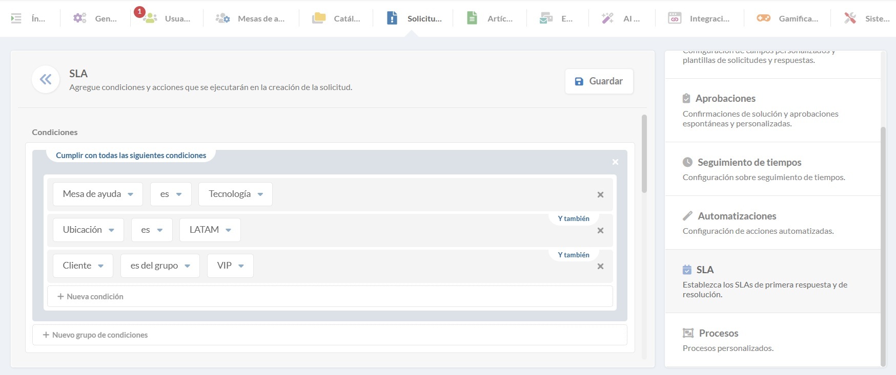 Captura de configuración de SLA, usando condiciones para aplicar solo a algunos help desks, dentro de InvGate Service Management.