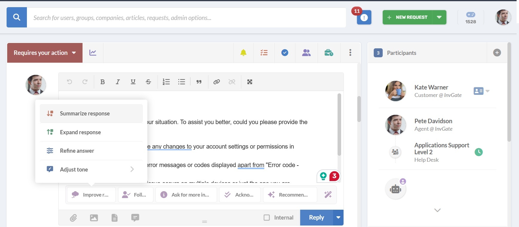 Ticket reply suggestion with AI for a ticket in InvGate Service Management.