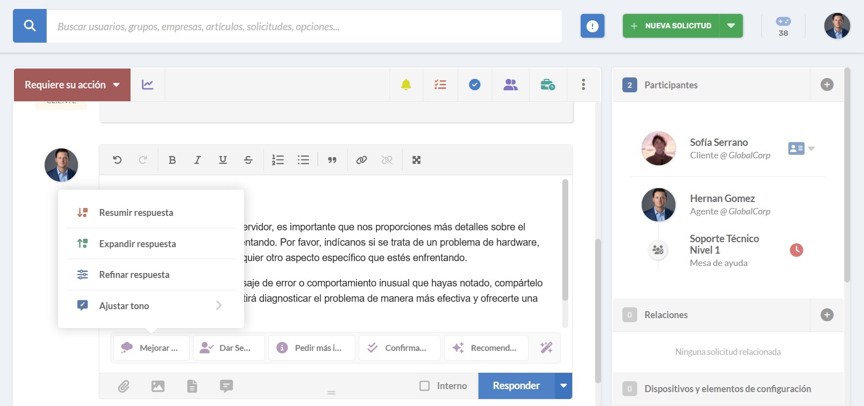 Sugerencia de respuesta con IA para un ticket en InvGate Service Management.