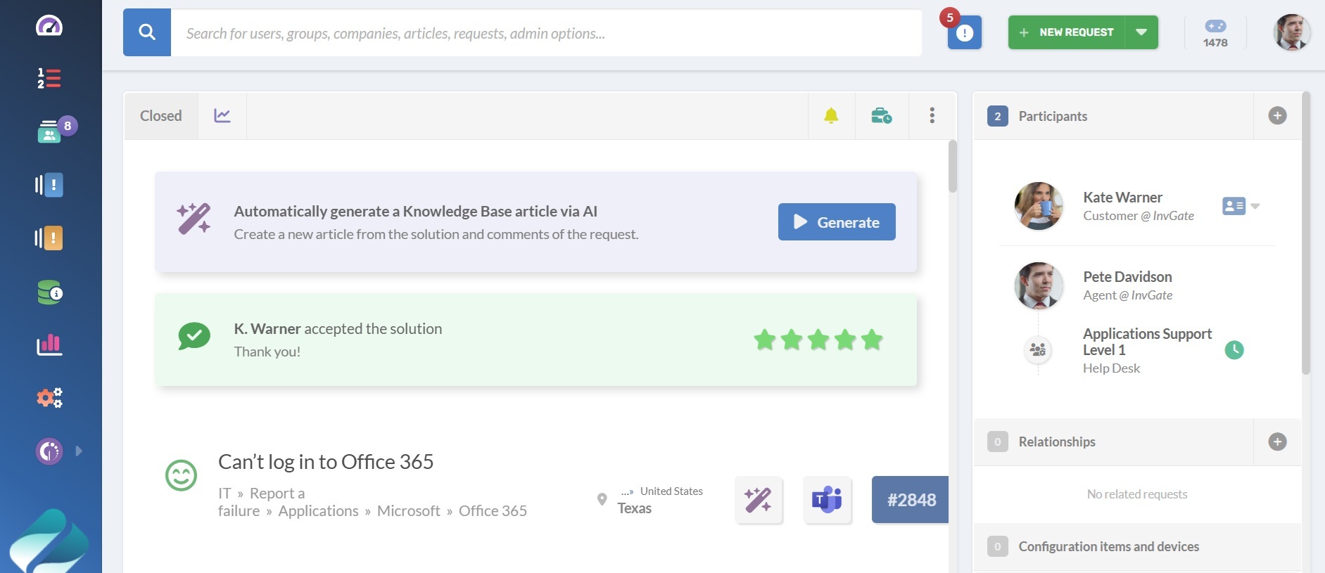 Captura de tela da opção para gerar um artigo da Base de Conhecimento com IA no InvGate Service Management.