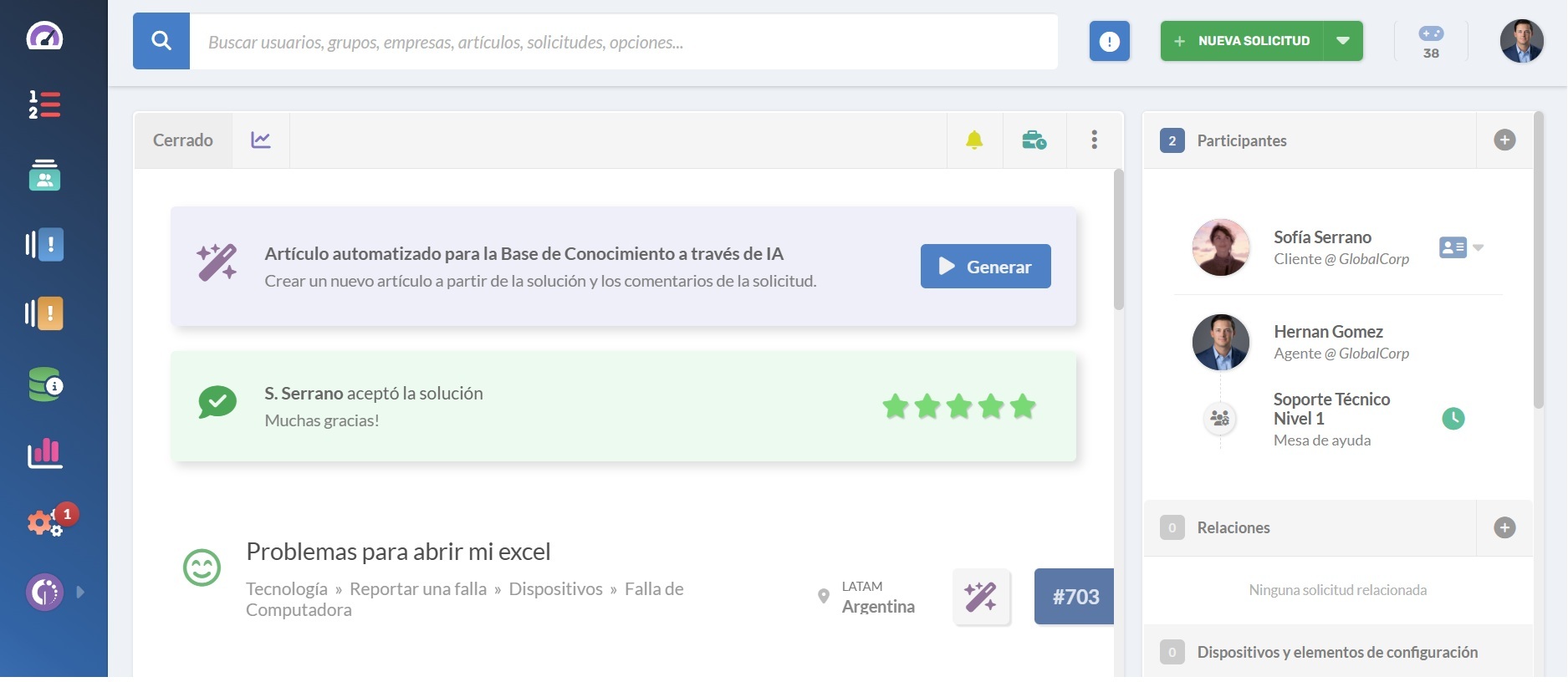 Captura de pantalla de la opción para generar un artículo de la base de conocimiento con IA en InvGate Service Management.