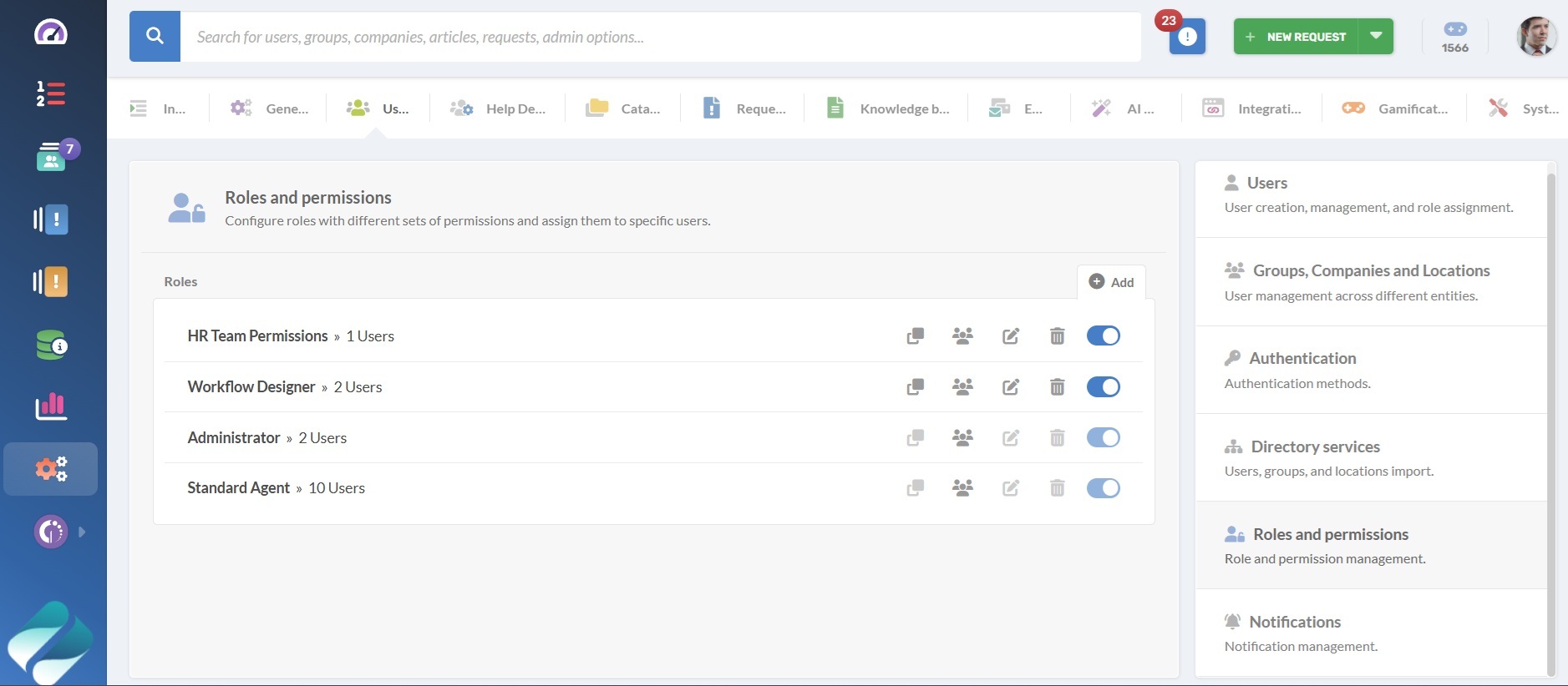 Screenshot of the role and permissions configuration by group of users in InvGate Service Management.
