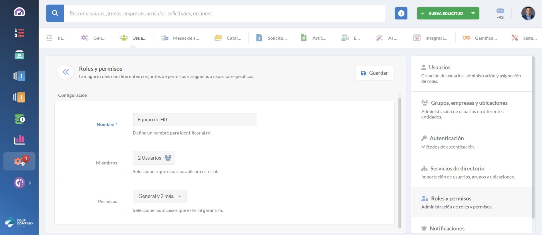 Captura de pantalla de la configuración de roles y permisos por grupo de usuarios en InvGate Service Management.