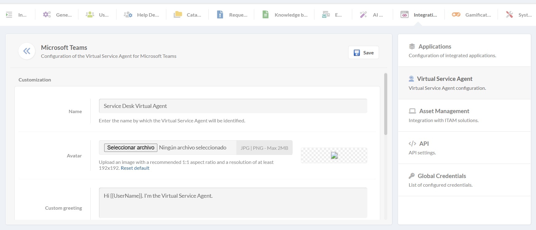 Screenshot of the VSA customization screen in InvGate Service Management