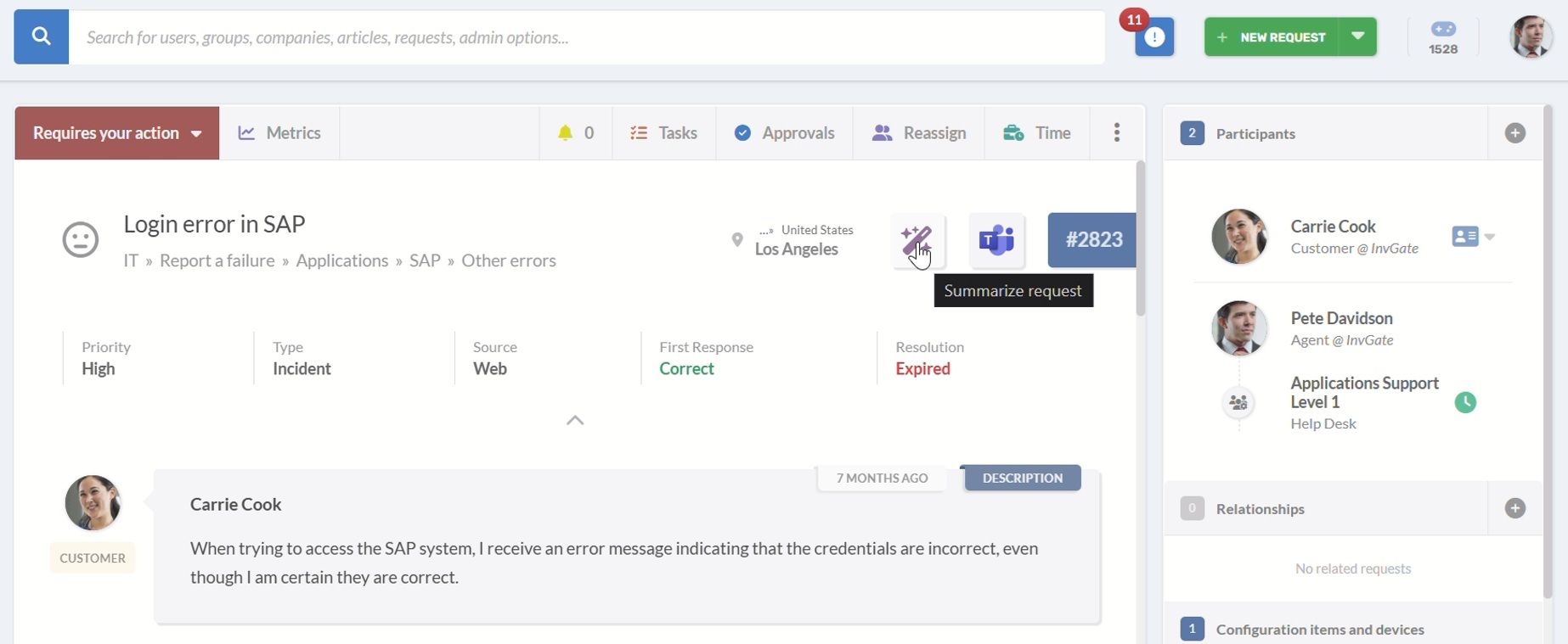 Recurso de resumo de tickets com IA no InvGate Service Management.