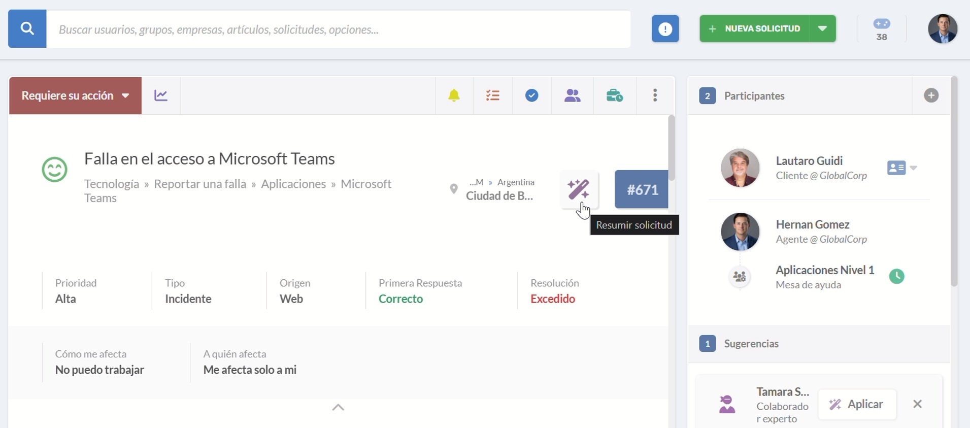 Función de resumen de tickets con IA en InvGate Service Management.