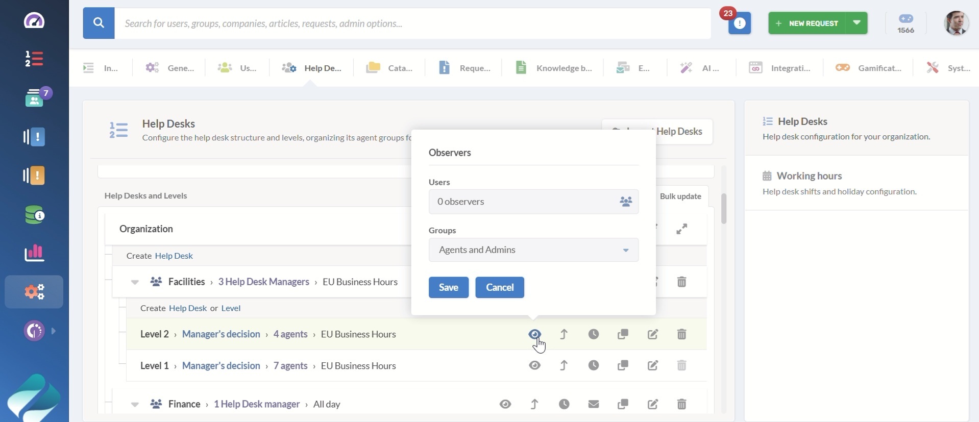 Help desk configuration screen, adding observers in InvGate Service Management.