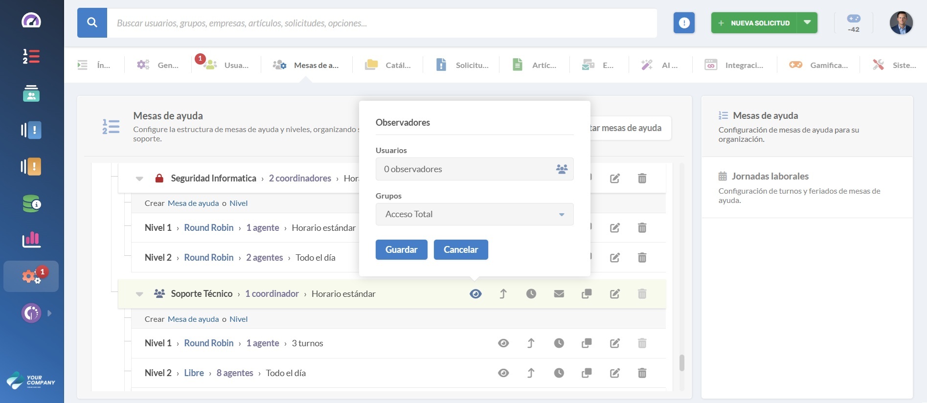 Pantalla de configuración del help desk, agregando observadores en InvGate Service Management.