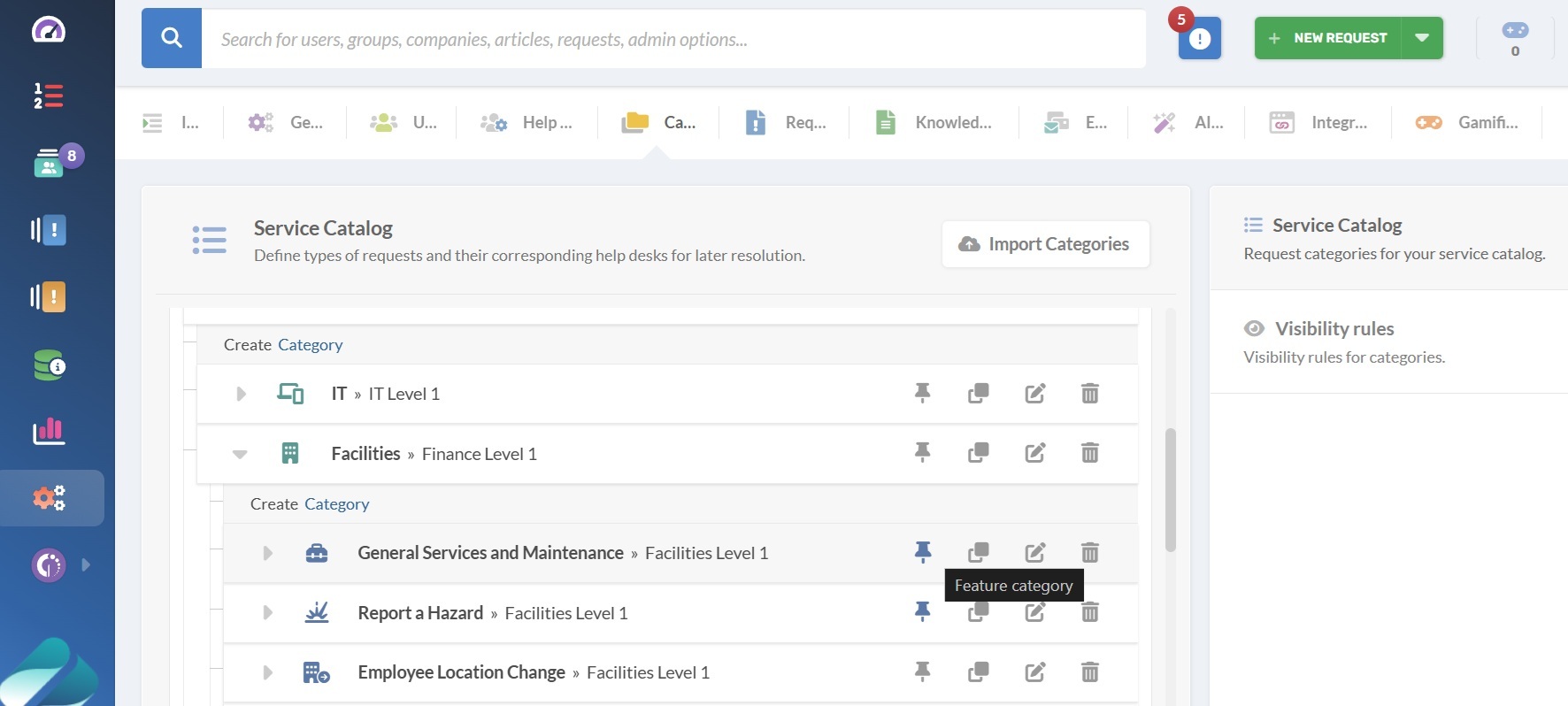 Screenshot of service catalog categories and pinning services in InvGate Service Management.