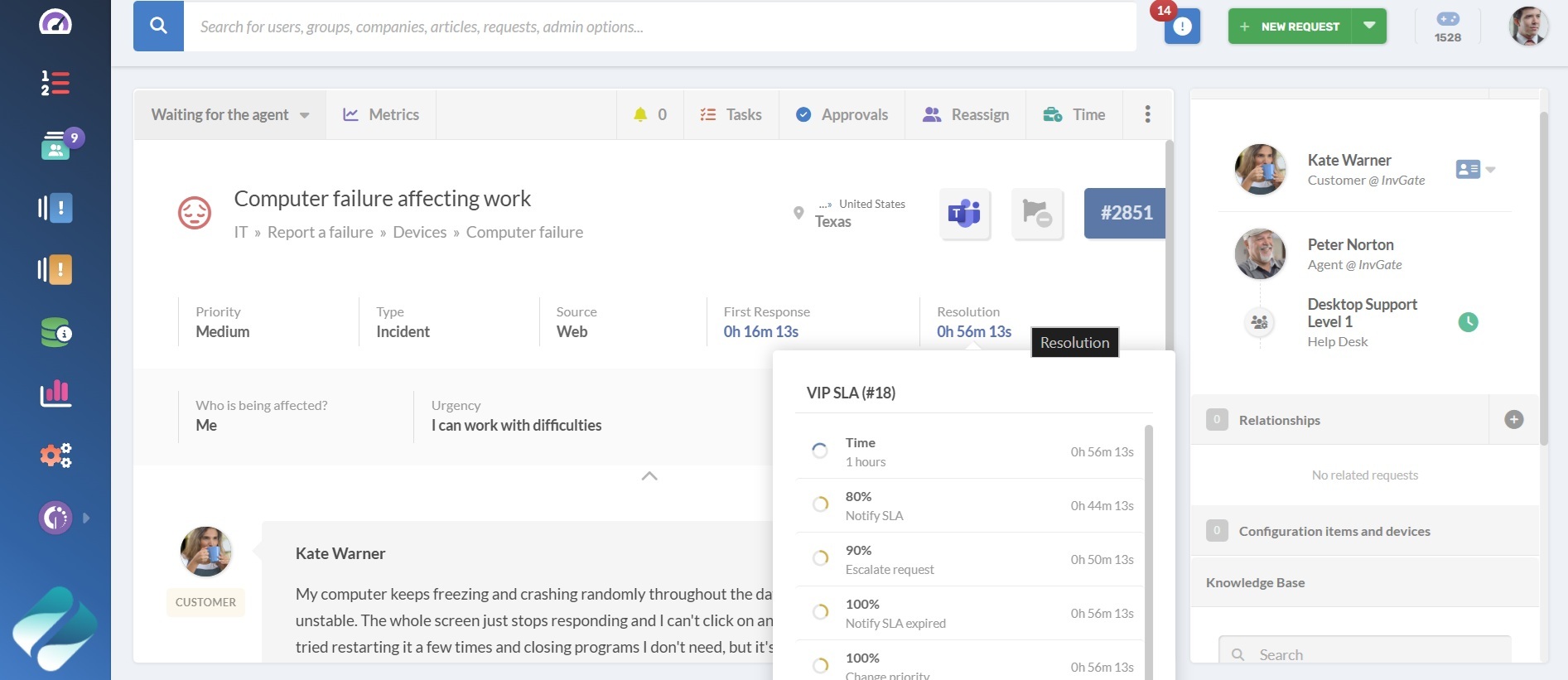  AI-based estimated resolution time displayed in request details in InvGate Service Management.