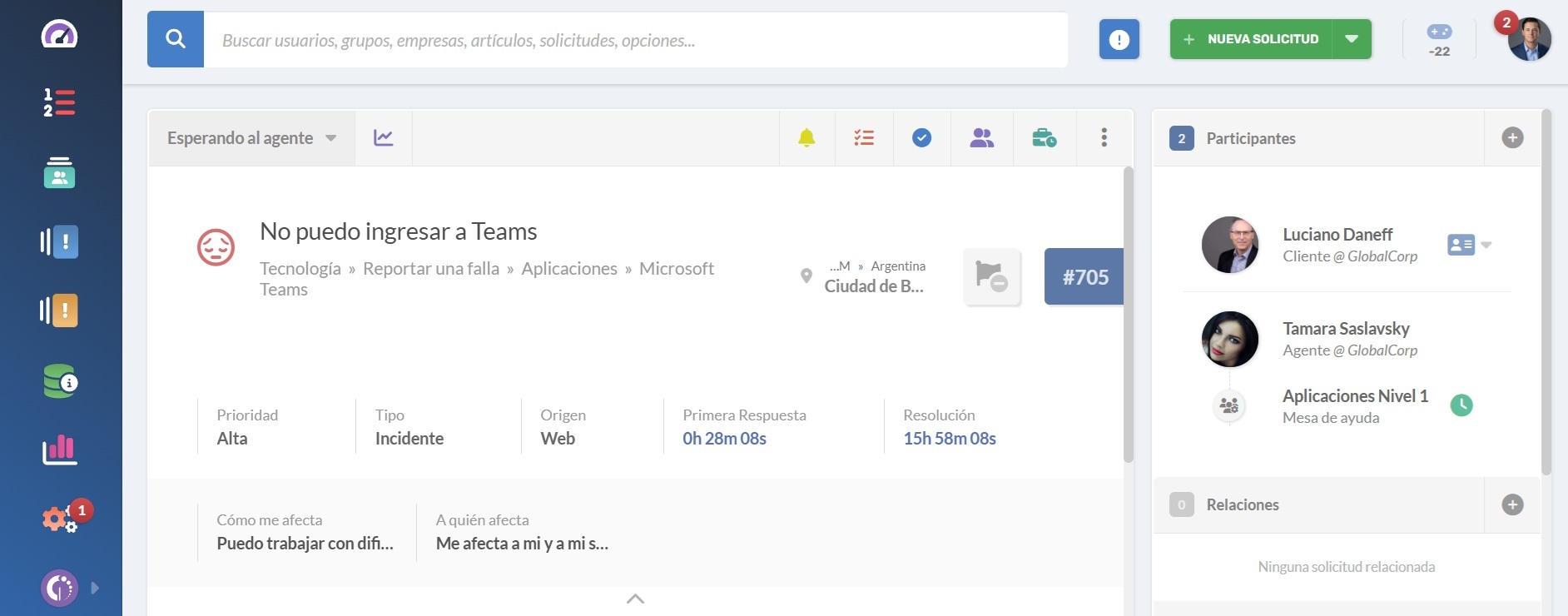 Tiempo estimado de resolución basado en IA mostrado en los detalles de una solicitud en InvGate Service Management.