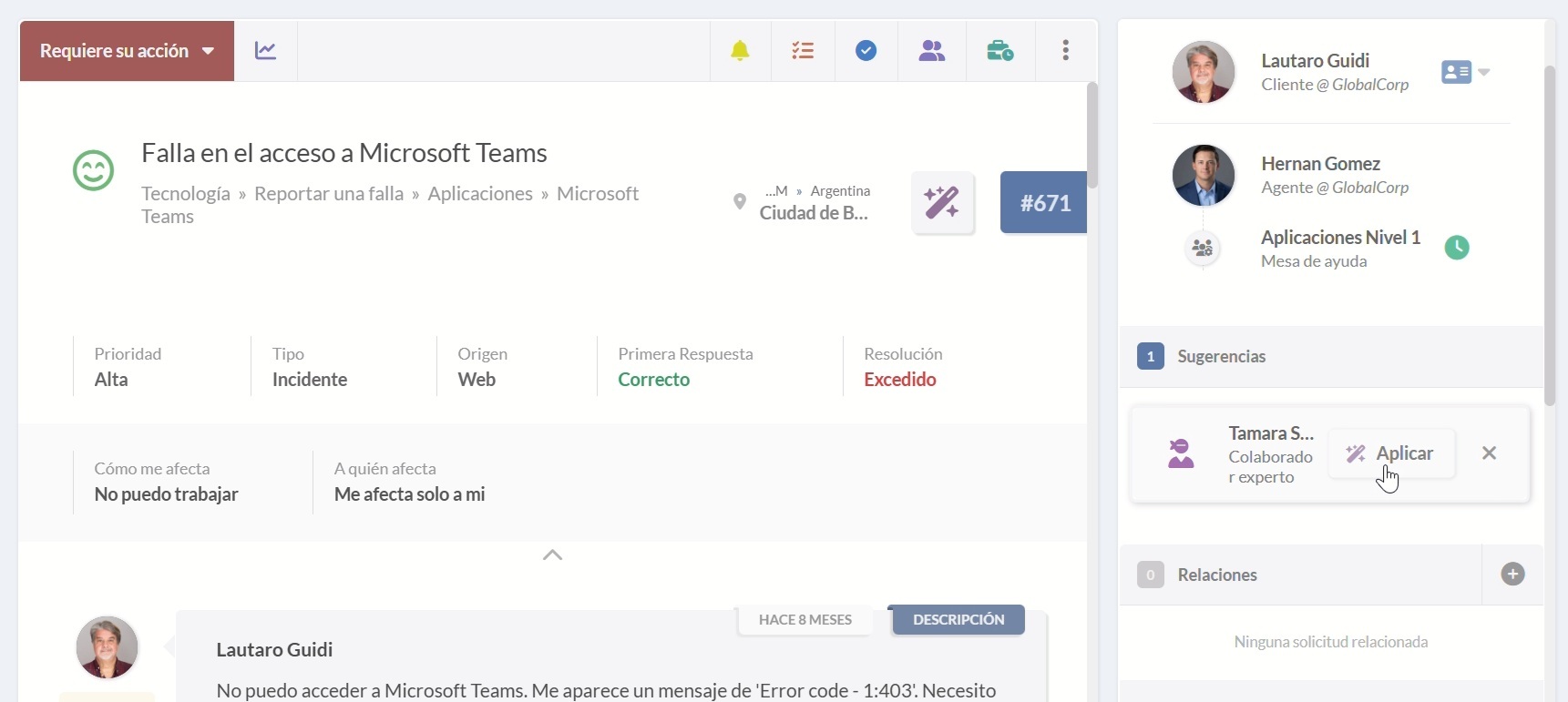 Función de colaboración con expertos con IA en InvGate Service Management.