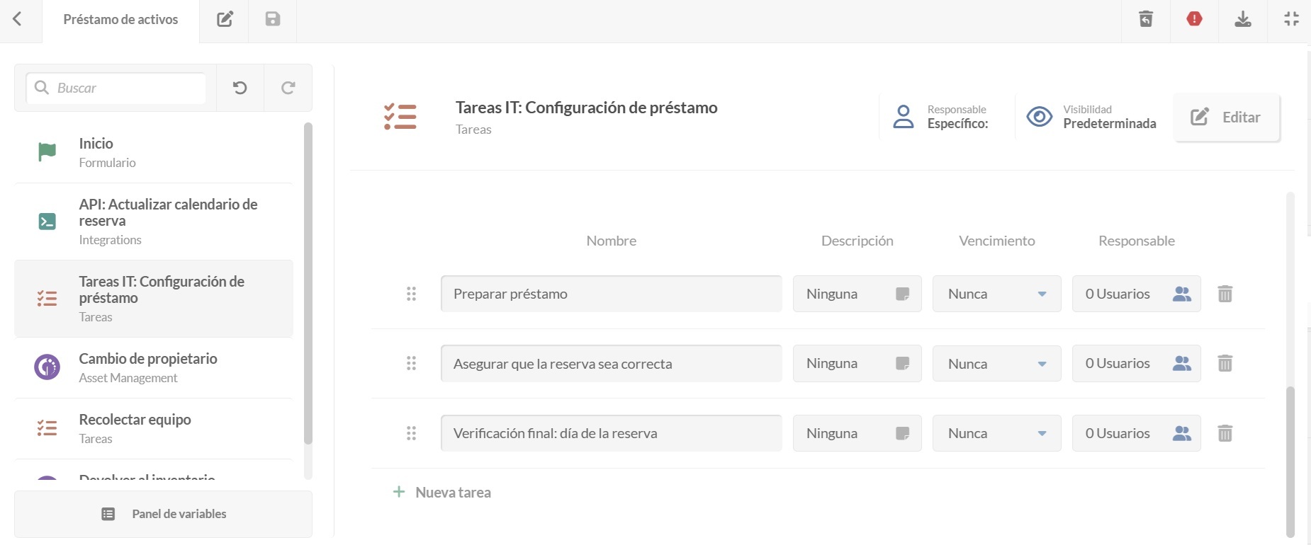 Captura de pantalla del paso de tareas IT “Configuración de préstamo” en el proceso de préstamo de activos en InvGate Service Management.